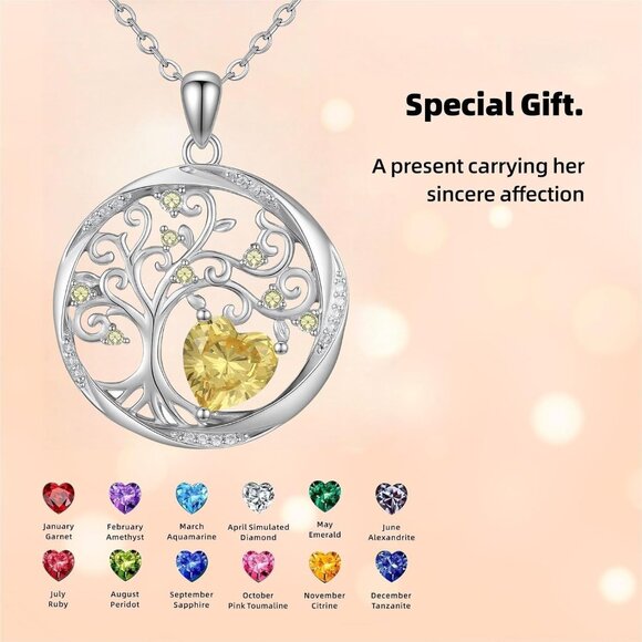 Sterling Silver Tree of Life Necklace with Citrine Birthstone, Adjustable Chain, - Picture 3 of 6